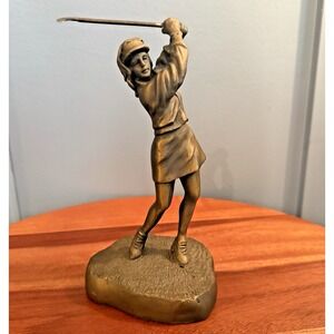 Vintage Bronze Golf Figurine Female Golfer Statue Shelf Decor Gift Bookend 9"